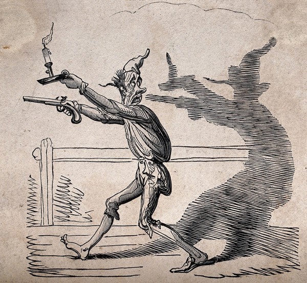 A man frightened by his own shadow. Wood engraving, 18--.