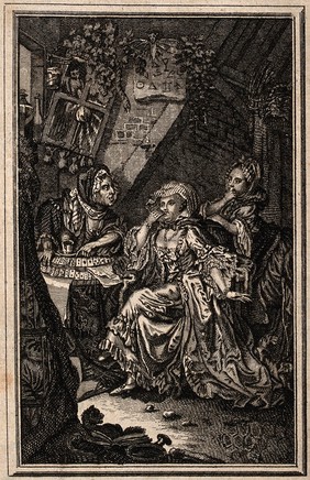 A woman with her attendant visiting a fortune-teller. Etching.