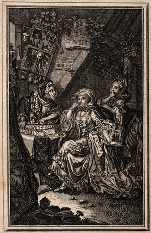 view A woman with her attendant visiting a fortune-teller. Etching.