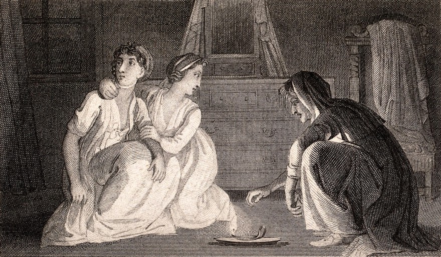 Two women consulting a fortune-teller. Engraving by J. Romney after T. Stothard.