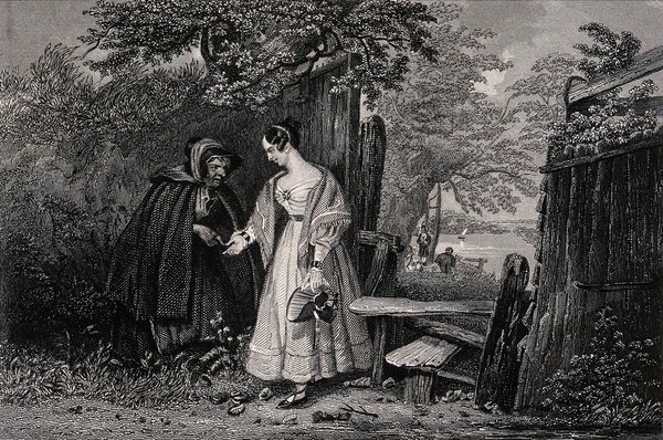 A woman consulting a fortune-teller by a stile. Engraving after Samuel J.E. Jones.