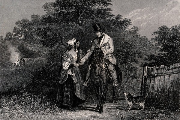 A man on horseback consulting a fortune-teller or gipsy. Engraving.