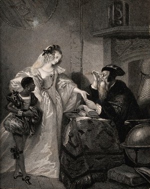 view A woman having her palm read by a fortune-teller. Engraving after A.E. Chalon.