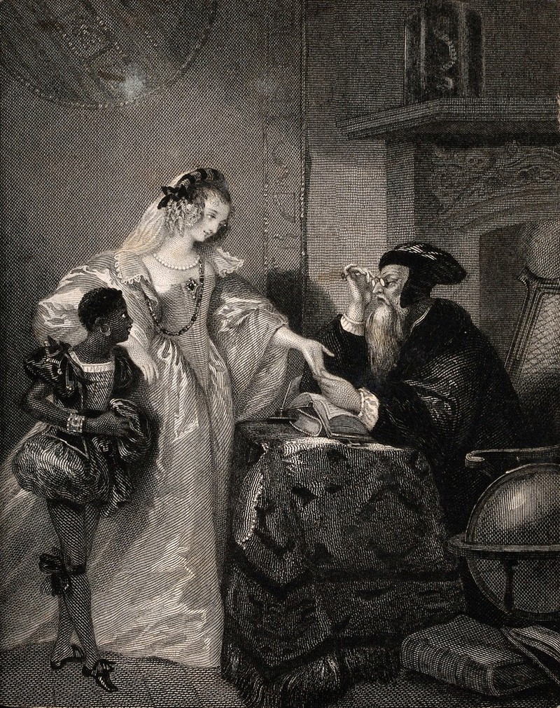 A woman having her palm read by a fortune-teller. Engraving after A.E. Chalon., 1800-1899, by Alfred Edward Chalon
