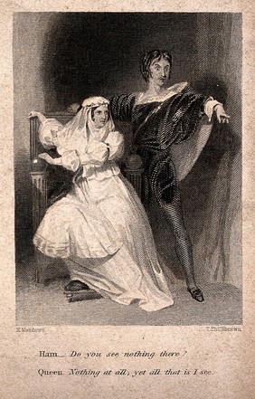 Hamlet pointing to the ghost of his father and asking his mother the Queen if she can see it too; she replies not. Engraving by T. Phillibrown after J.K. Meadows.