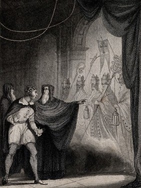 Ghosts of bishops appearing to a young man; their names are given to him by a wizard. Engraving by B. Winkles after J. Salmon.