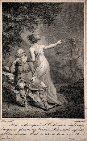 The ghost of Cathmor, king of Atha, arriving at the cave of Clonmel, an aged bard or druid who is accompanied by Sulmalla, a young woman. Engraving by W. Angus after J.A. Atkinson after J. MacPherson.