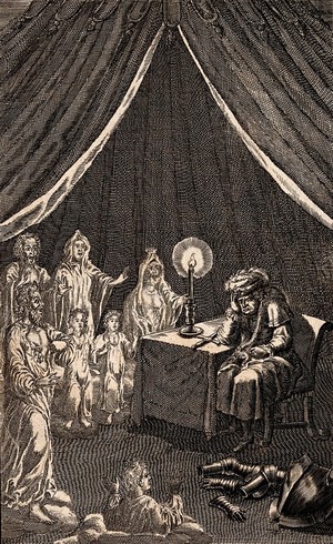 view King Richard III, sleeping in the night before the battle of Bosworth Field, is arraigned by seven ghosts, who tell him to "Despair and die". Engraving by E. Kirkall, 1709, after F. Boitard.