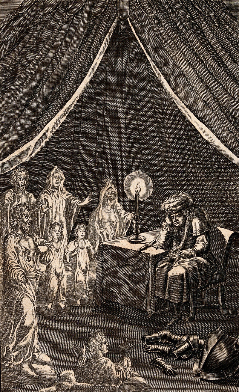 King Richard III, sleeping in the night before the battle of Bosworth Field, is arraigned by seven ghosts, who tell him to "Despair and die". Engraving by E. Kirkall, 1709, after F. Boitard., 1709, by François Boitard