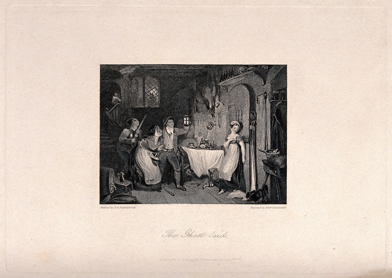 The exorcism of a ghost. Engraving by E. Portbury, 1827, after F.P. Stephanoff., Oct. 1827, by Philip Francis Stephanoff