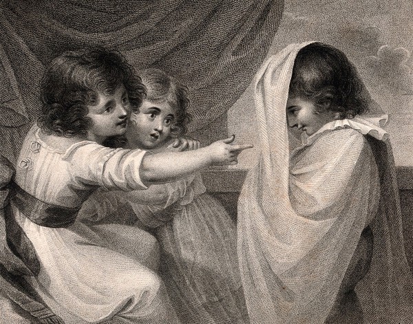 A boy appearing to two girls as a ghost. Stipple engraving after R. Westall.