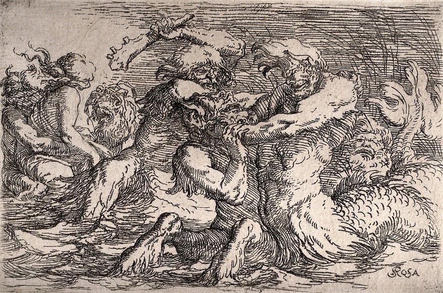 Sea monsters fighting. Etching by S. Rosa.