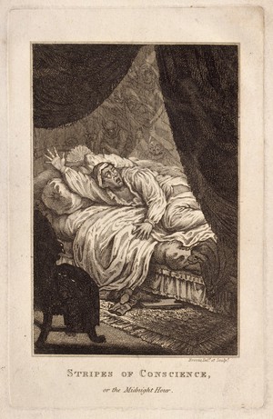 view A man disturbed from sleep by visions caused by guilt. Etching by Brocas.