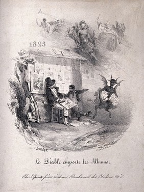 A demon stealing albums from a print-seller's stall. Lithograph by Charlet, 1825.