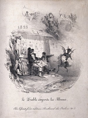 view A demon stealing albums from a print-seller's stall. Lithograph by Charlet, 1825.