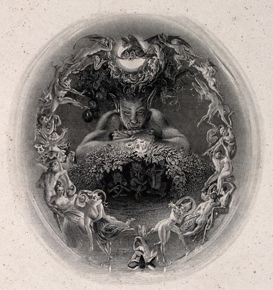 A faun surrounded by fairies. Engraving by F. Bacon, 1840, after D. Maclise.