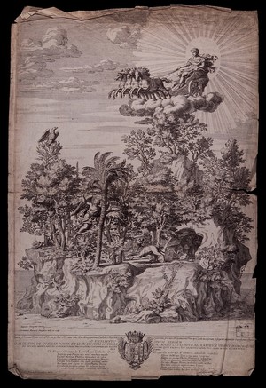 view Apollo in his chariot. Etching by D. Barrière, 1662, after A. Giorgetti.