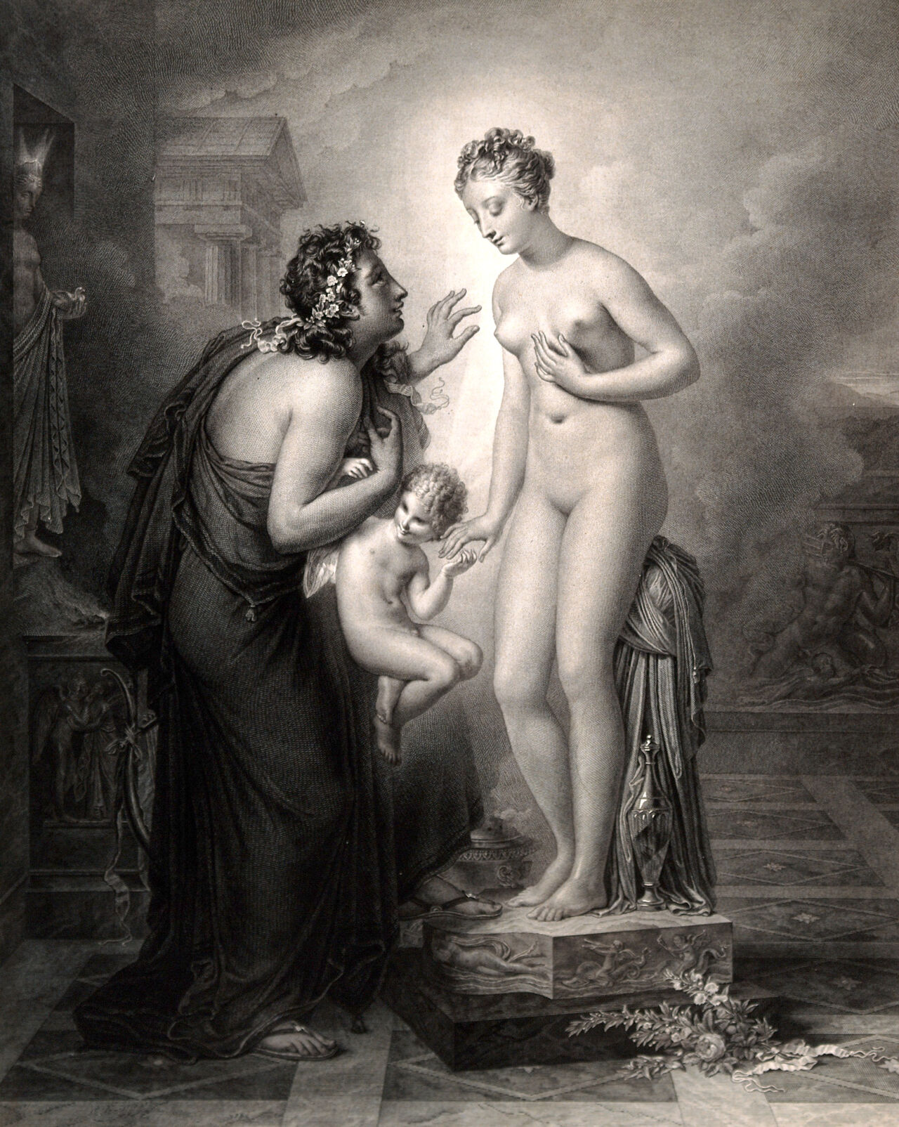 Pygmalion with his statue of a woman that comes to life. Engraving by J.N. Laugier, 1824, after A.L. Girodet-Trioson, 1819., 1824, by Anne-Louis Girodet