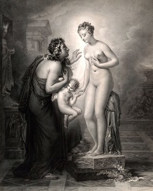 view Pygmalion with his statue of a woman that comes to life. Engraving by J.N. Laugier, 1824, after A.L. Girodet-Trioson, 1819.