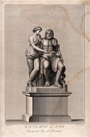 view Aesculapius and Hygieia. Engraving by C.P.P. Carloni after T. Matteini.