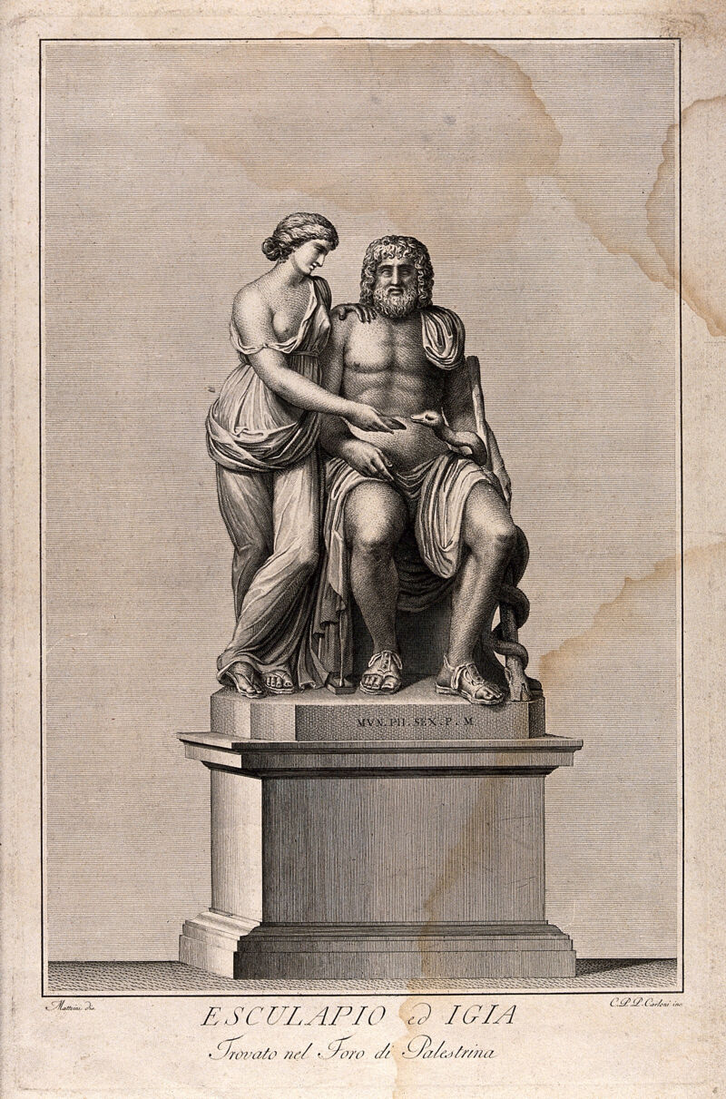 Aesculapius and Hygieia. Engraving by C.P.P. Carloni after T. Matteini., by Teodoro Matteini