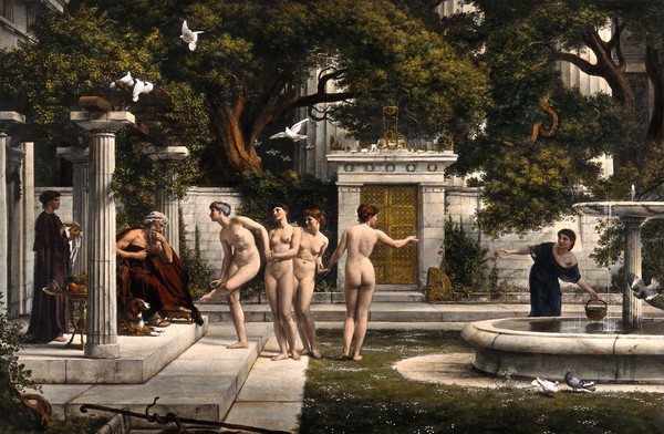 Venus visits Aesculapius to ask him to remove a thorn from her foot. Colour process print after Sir E.J. Poynter.