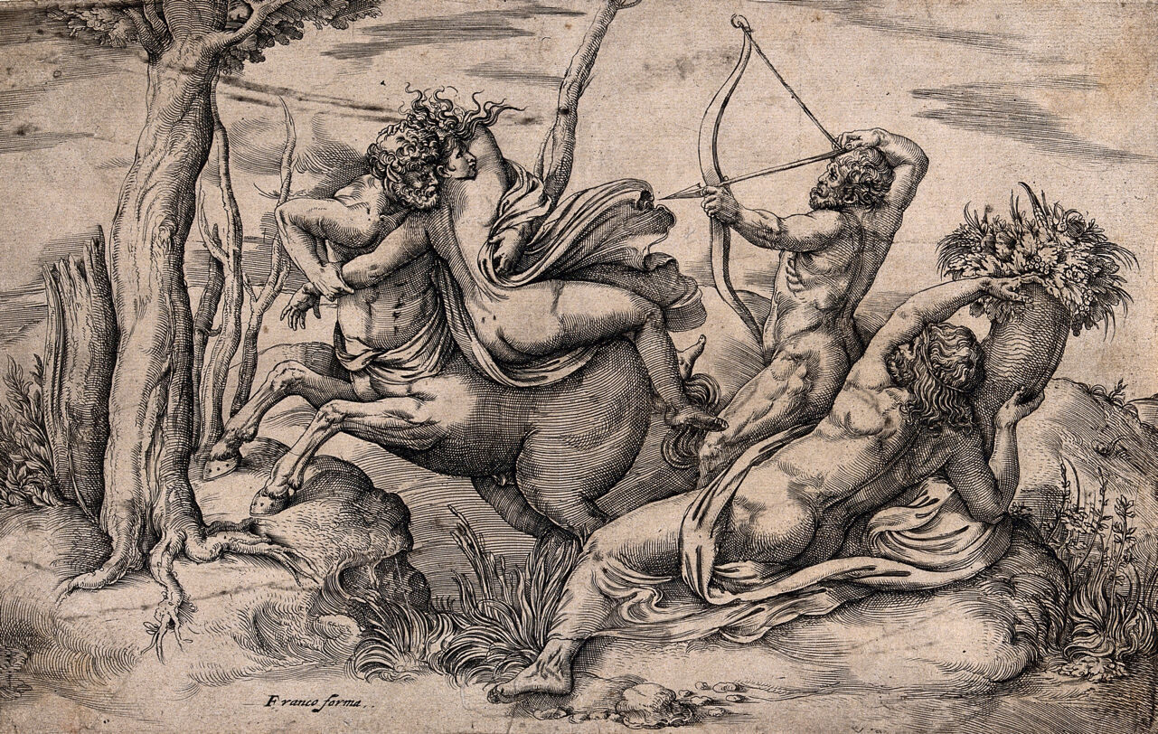 The centaur Nessus being shot by Hercules while carrying off Deianeira. Engraving by B. Franco., 1500-1599, by Battista Franco Veneziano