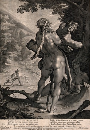 view Hercules and Antaeus. Engraving by L. Kilian, 1610, after B. Spranger.