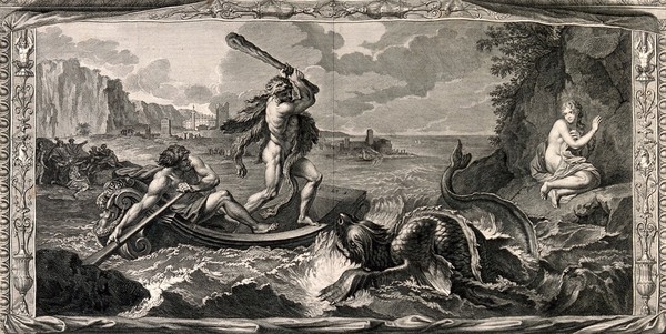 Hercules rescuing Hesione from a sea-monster. Engraving by B. Picart after C. Le Brun.