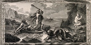 view Hercules rescuing Hesione from a sea-monster. Engraving by B. Picart after C. Le Brun.