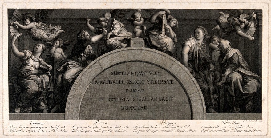 The Cumaean, Persian, Phrygian and Tiburtine sibyls. Engraving by G. Volpato, 1772, after Raphael.