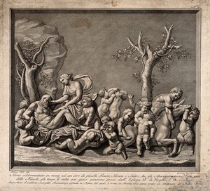 view Silenus in a drunken sleep with satyrs and the naiad Aegle. Engraving by G. Vascellini after A. Fedi.