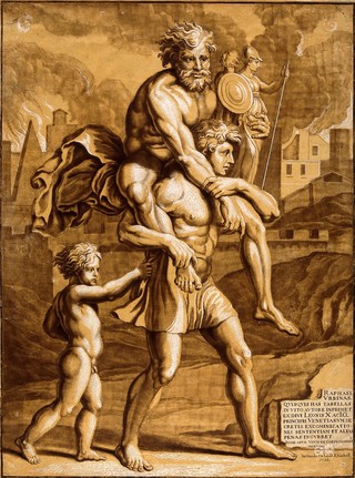 Aeneas carrying his father Anchises on his shoulders holding the household gods, as they escape from the sack of Troy. Colour relief etching by Elisha Kirkall, 1722, after Ugo da Carpi, 1518, after Raphael.
