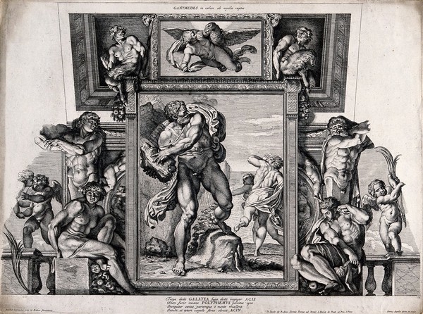 Galatea and Acis fleeing from Polyphemus; above, Jupiter [Zeus] in the form of an eagle and Ganymede. Etching by P. Aquila, 167-, after Annibale Carracci, 1600.