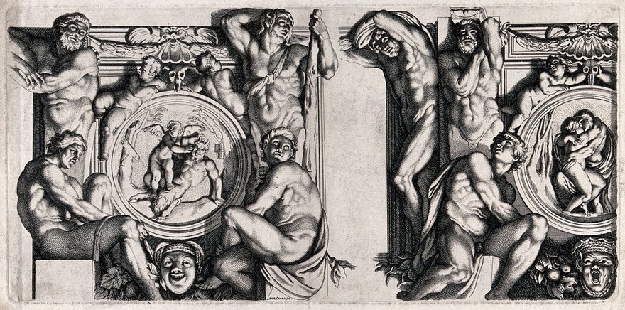 Pan and Eros; Salmacis and Hermaphroditus making love. Etching after Annibale Carracci.