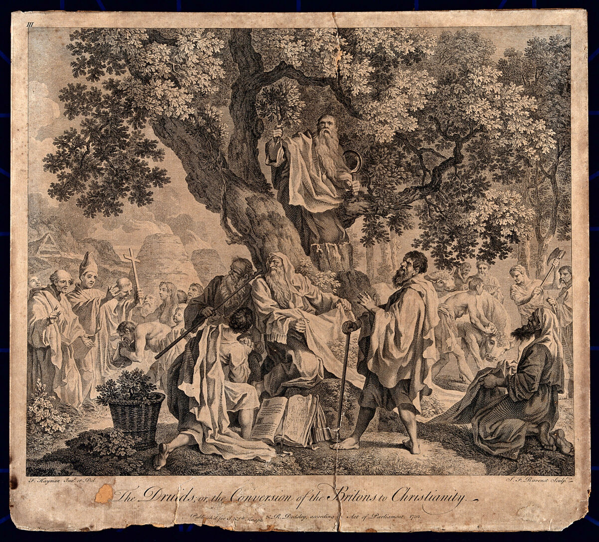 "The druids; or the conversion of the Britons to Christianity". Engraving by S.F. Ravenet, 1752, after F. Hayman., 1752, by Francis Hayman