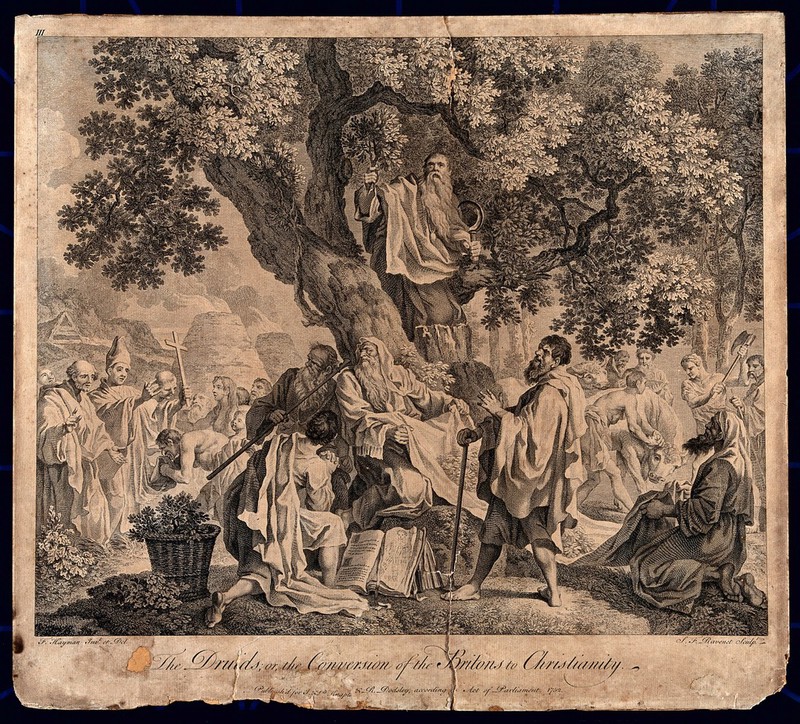 "The druids; or the conversion of the Britons to Christianity". Engraving by S.F. Ravenet, 1752, after F. Hayman., 1752, by Francis Hayman