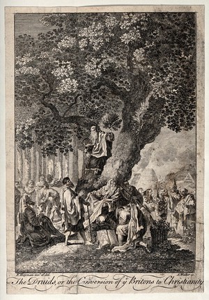 view "The druids; or the conversion of the Britons to Christianity". Etching by A. Walker, 1758, after F. Hayman.