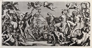 view Bacchus and Ariadne on a chariot accompanied by bacchants, Silenus etc. Engraving after C. Cesio after Annibale Carracci.
