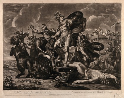 Achilles dragging the body of Hector around Troy. Mezzotint after G. Hamilton, 1794.