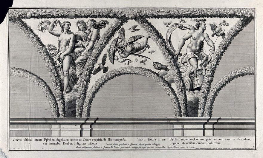 The story of Cupid and Psyche: Venus consulting Juno and Ceres. Engraving by N. Dorigny, 1693, after Raphael.