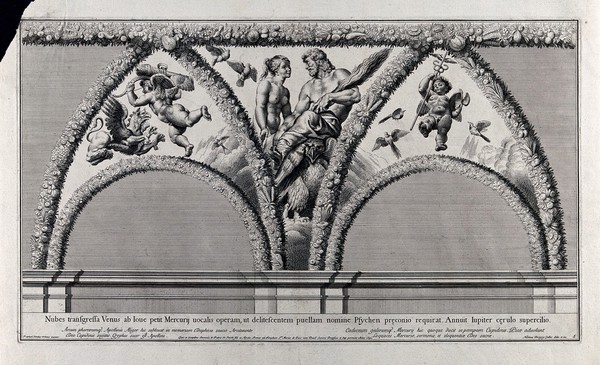The story of Cupid and Psyche: Venus asking Jupiter for the eloquence of Mercury. Engraving by N. Dorigny, 1693, after Raphael.
