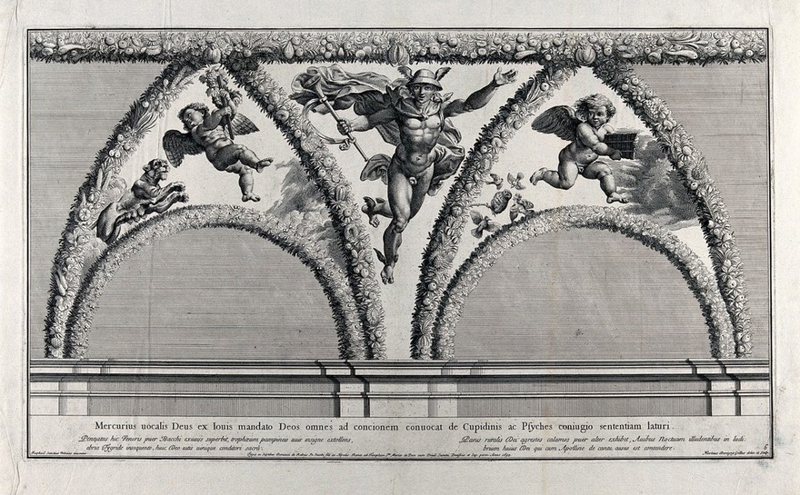 The story of Cupid and Psyche: Mercury sent by Jupiter to summon the gods to decide on the marriage of Cupid and Psyche. Engraving by N. Dorigny, 1693, after Raphael.