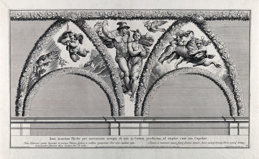 The story of Cupid and Psyche: Mercury escorting Psyche to her marriage. Engraving by N. Dorigny, 1693, after Raphael.