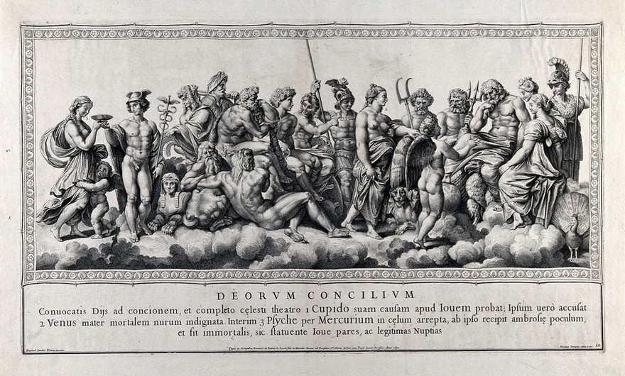 The story of Cupid and Psyche: a council of the gods decreeing the marriage of Cupid and Psyche. Engraving by N. Dorigny, 1693, after Raphael.