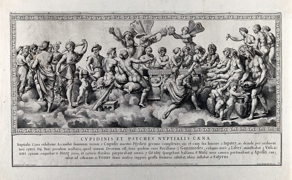 The story of Cupid and Psyche: the wedding feast of Cupid and Psyche. Engraving by N. Dorigny, 1693, after Raphael.