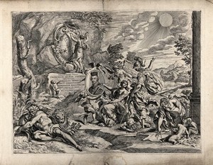 view The triumph of the arts through the patronage of Francesco Maria Febei. Etching by P. Aquila, 167-.