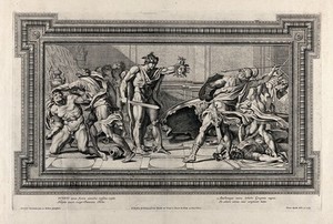 view Perseus turning the followers of Phineus to stone with the head of Medusa. Etching by P. Aquila after Annibale Carracci.