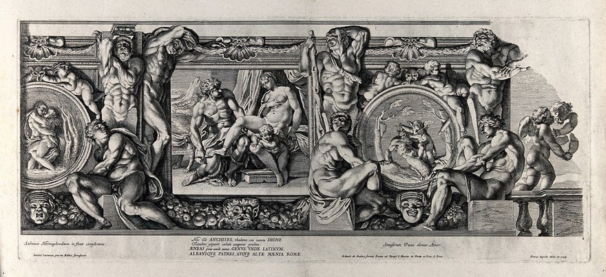 Anchises, Dione, and Aeneas (centre); Salmacis and Hermaphroditus (left); Pan and Eros (right). Etching by P. Aquila after Annibale Carracci.