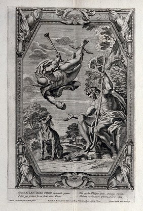 Mercury (Hermes) offering a golden apple to Paris. Etching by P. Aquila after Annibale Carracci.